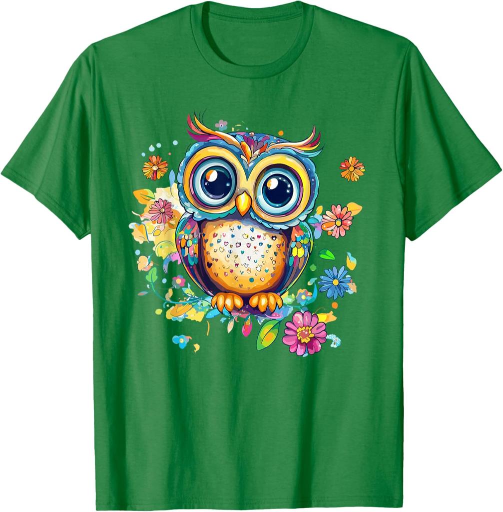 Vibrant Owl With Colorful Flowers Graphic T-Shirt Casual Cotton Print Crewneck Tee