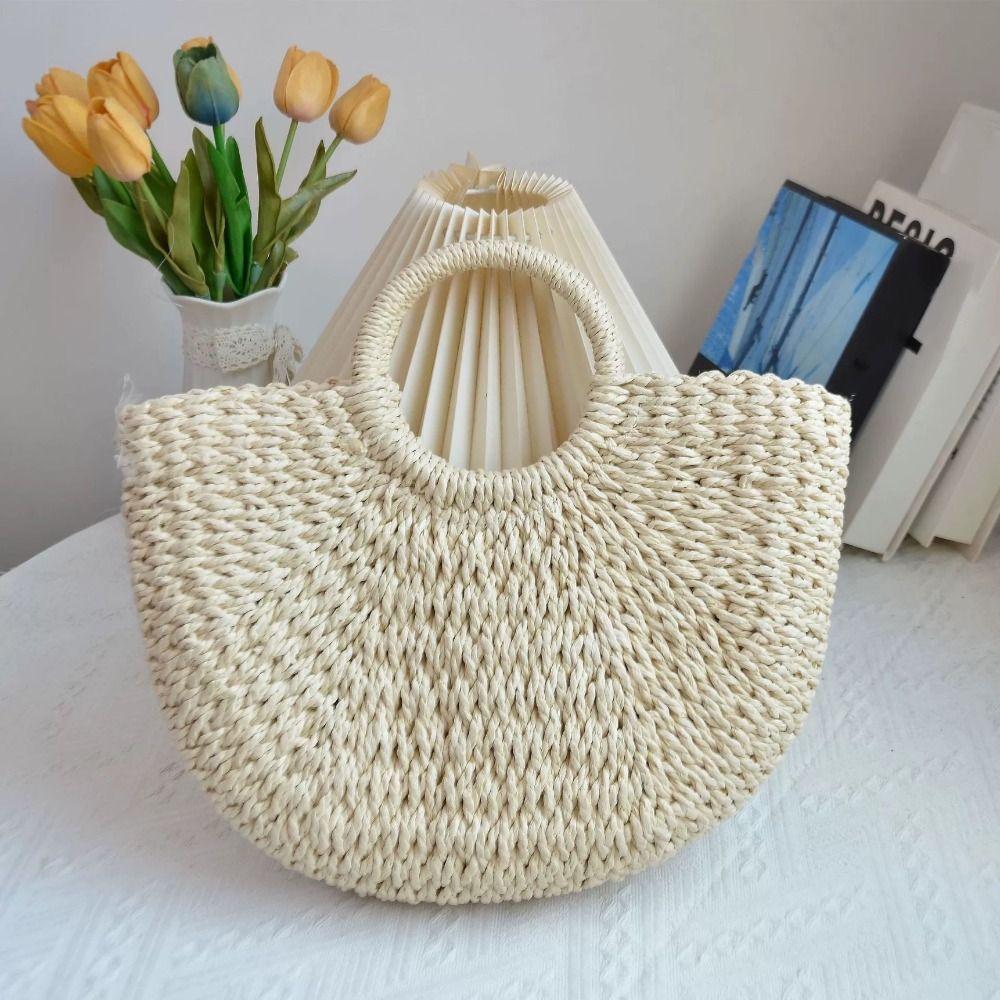 Large Capacity Straw Woven Handbag Half-Moon Shape Simple Shopping Bag Female