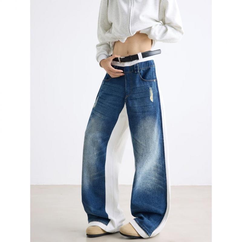 Unisex Retro Star Design Frayed Edge Wide Leg Jeans