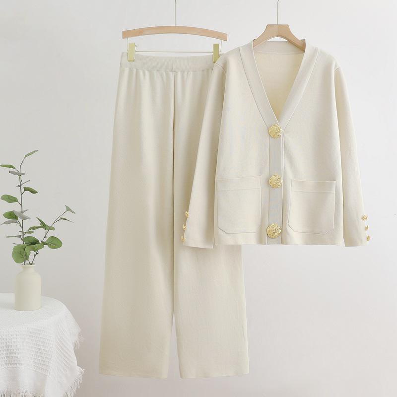Autumn-Winter V-Neck Cardigan & Wide-Leg Pants Knit Set