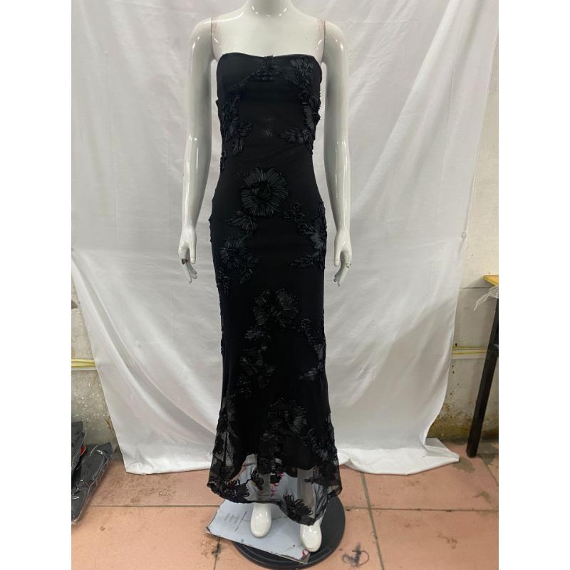 Abito da sera lungo da donna in stile francese, vestibilità aderente, con spalline sottili, schiena scoperta, tinta unita, con decorazione floreale