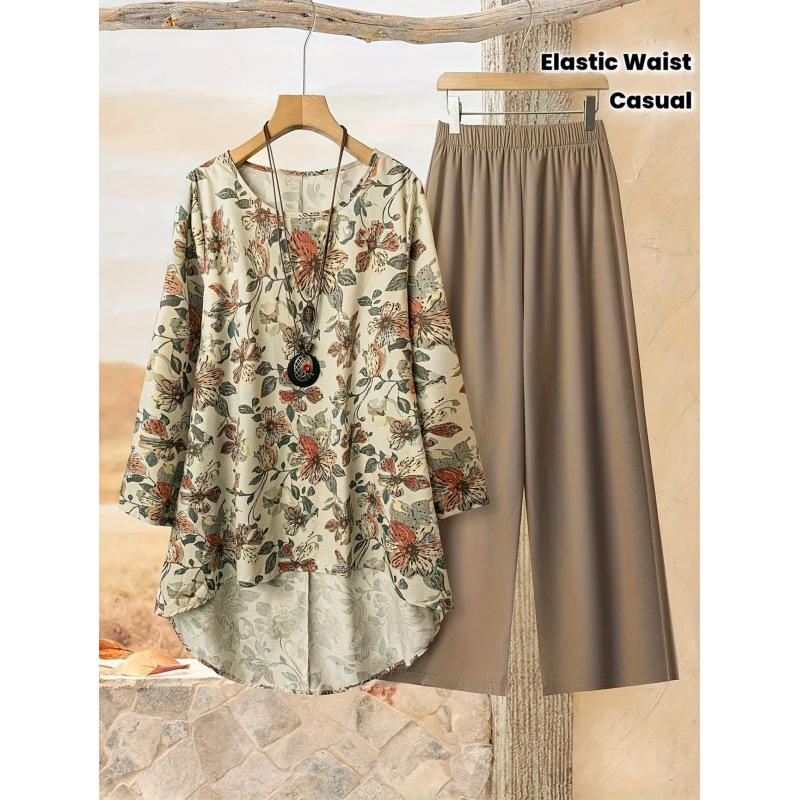 1116 Floral Print Suit Women's Long Sleeve Irregular Hoop Wide Leg Pants Casual Summer Large Size