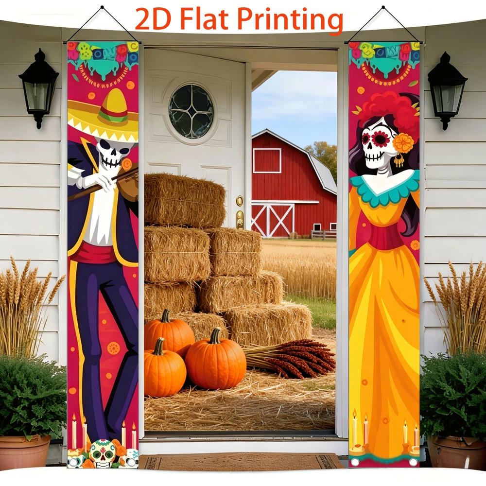 2D Flat, 2D Flat - 2D Flat, 2D Flat - 2pcs Set of Mexican Day of The Dead Theme Pair Hanging Paintings Skull Couple/Guitar/Candle Elements Suitable fo