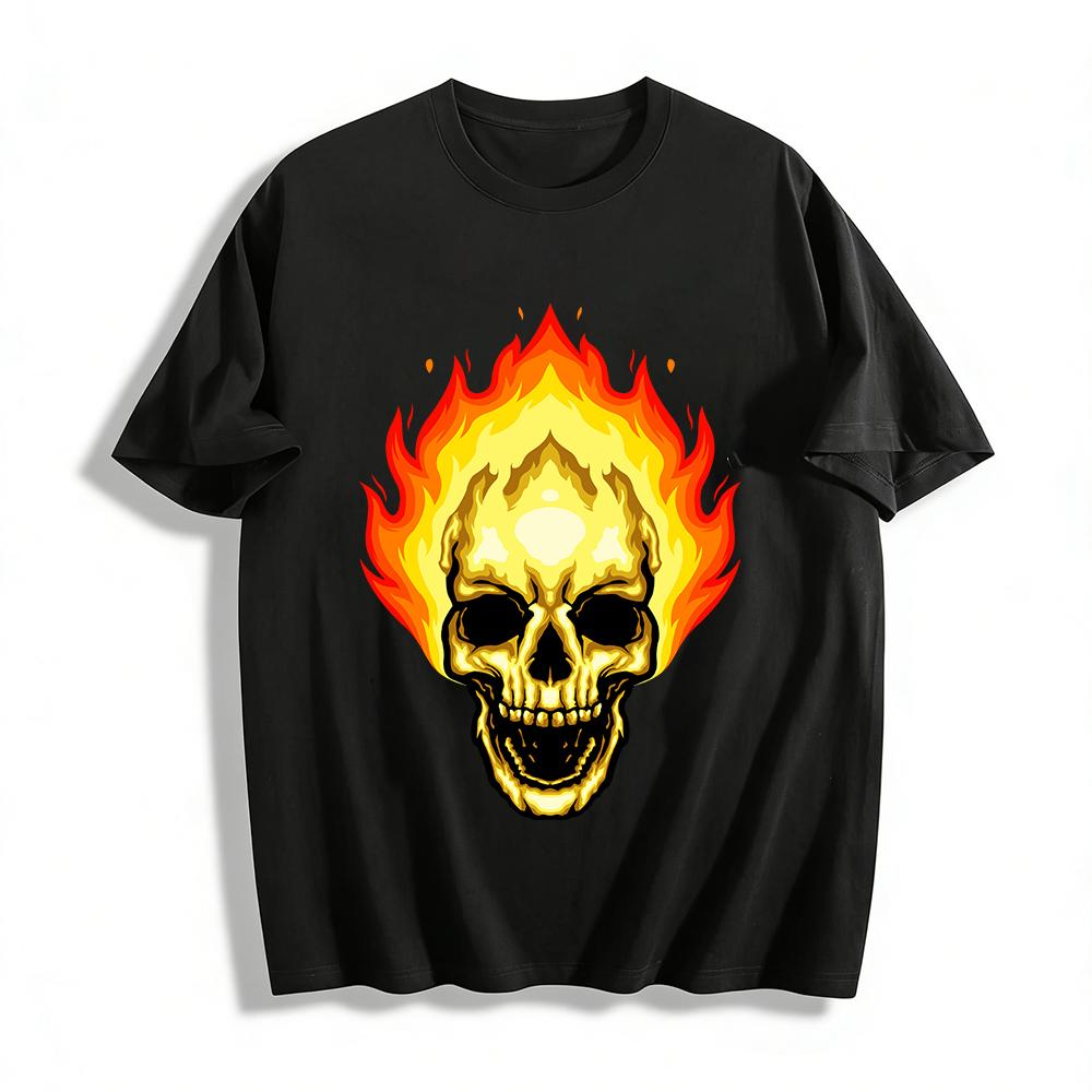 Flaming Skull Print Men s Street Style Casual Short Sleeve T-Shirt Pure cotton T-shirt XXS