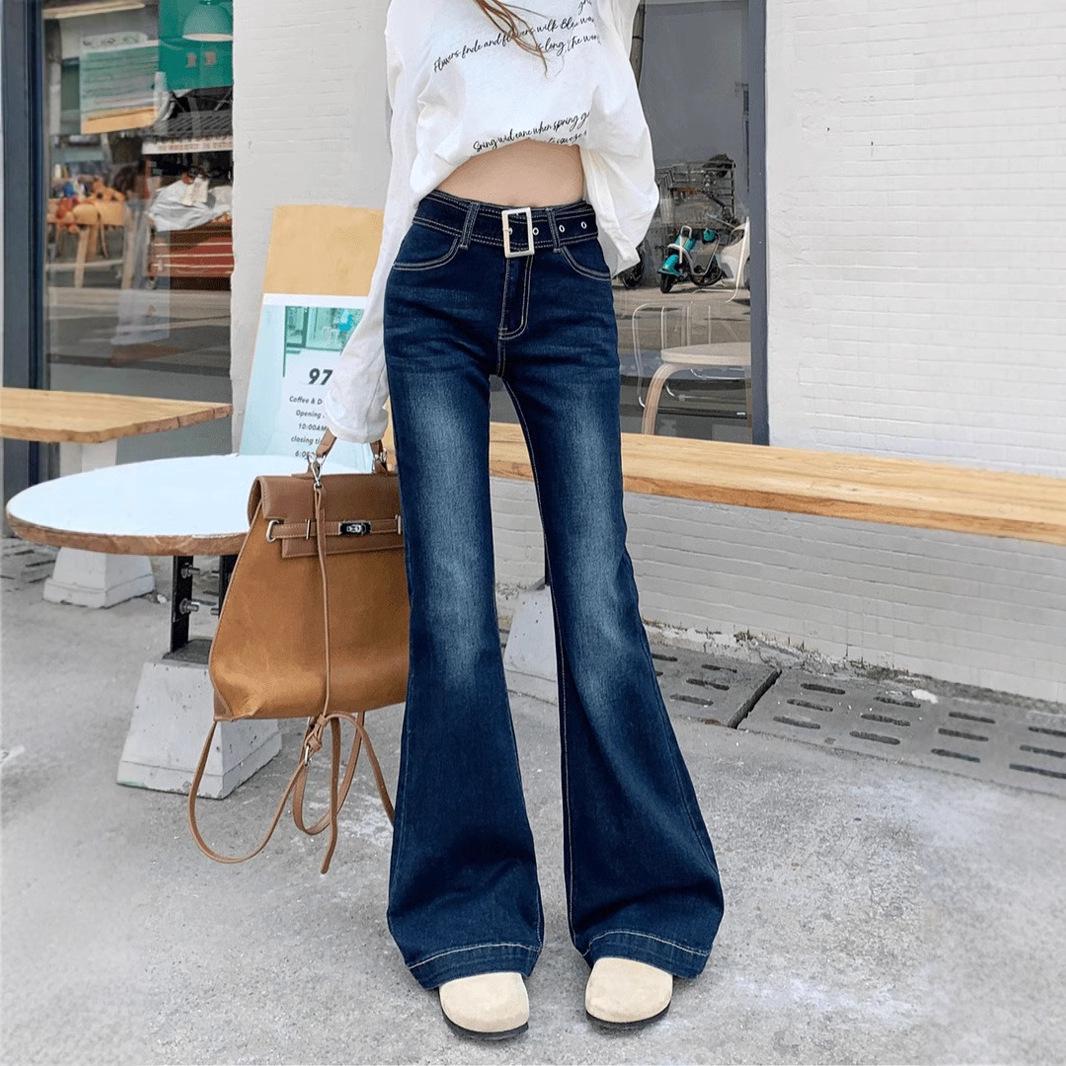 

Women s High-Waisted Blue-Gray Micro-Flare Jeans - Heavy-Duty, Slim, and Versatile for Autumn and Winter. XS