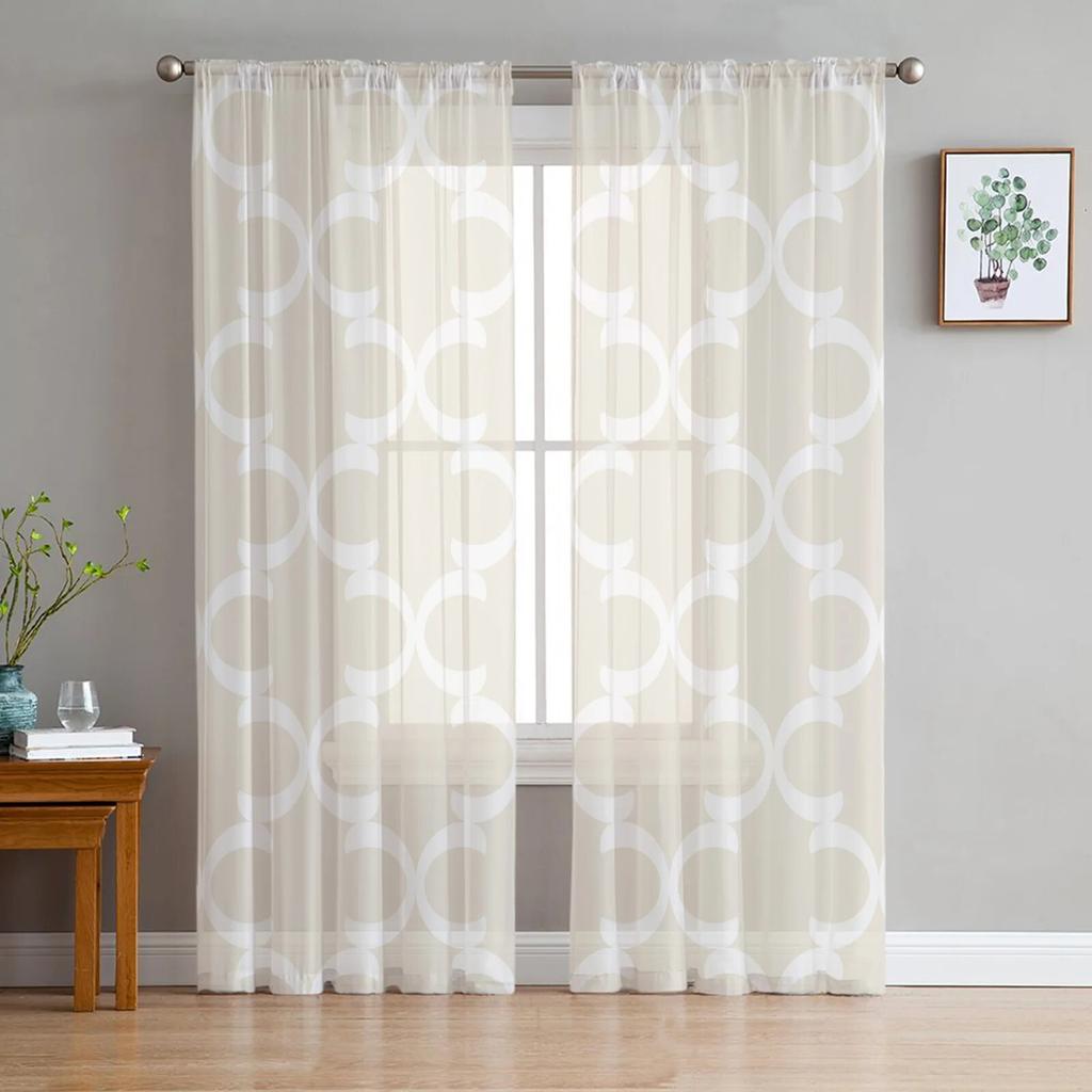 White Geometric Morocco Sheer Curtains Modern Voile Tulle Window Drapes for Living Room Bedroom Decor