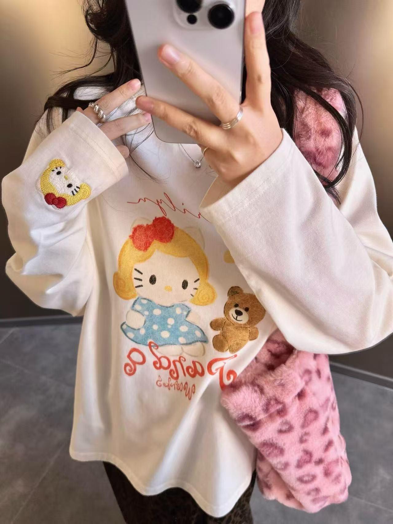 

Хлопковая футболка с длинным рукавом и круглым вырезом для весны/осени - Дизайн с мультяшным котенком KT XL белый