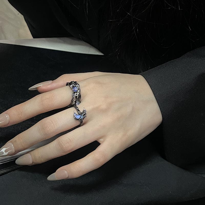 Dark Moon Bone Orchid Crescent Opening Ring Light Luxury High-End Niche Design Unique Fashion Personality Index Finger Ring