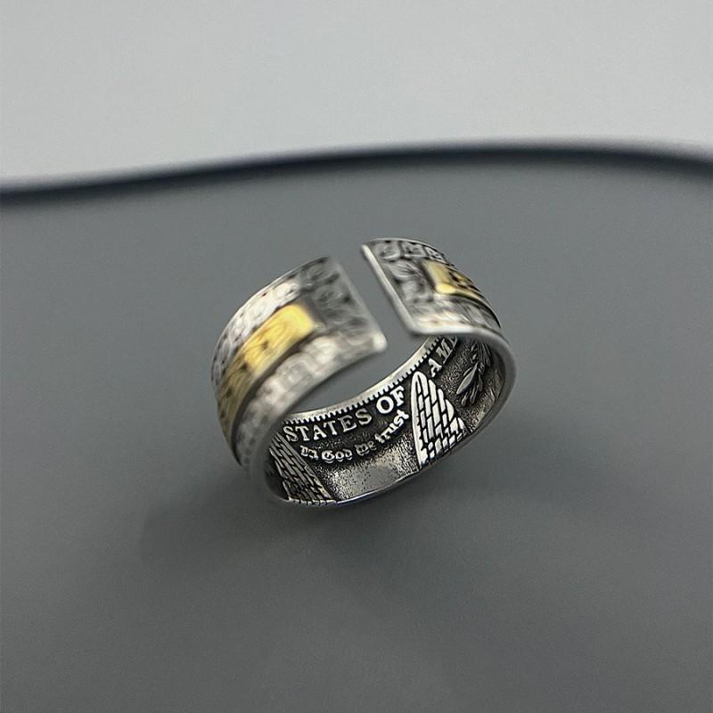 Adjustable Open Ring Men Women Vintage Coin Motif Geometric Silver-Plated Statement Retro Boho Chic Jewelry