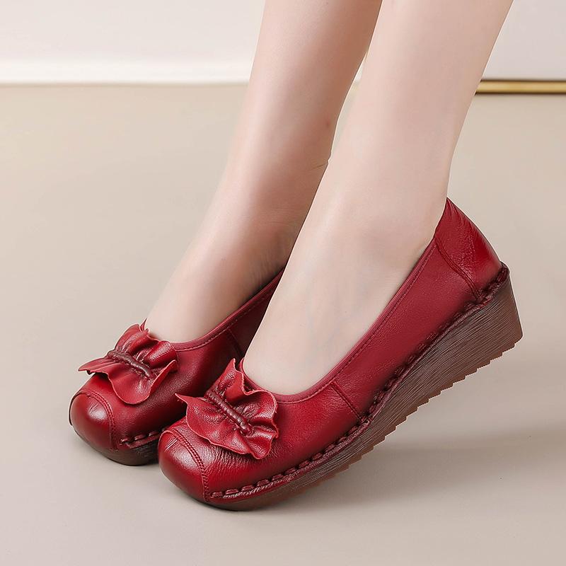 New Red Wedding Wedge Ballet Flats Women'S Luxury Loafers Genuine Leather Moccasins Woman Retro Heel Shoes Female Wedding Flats