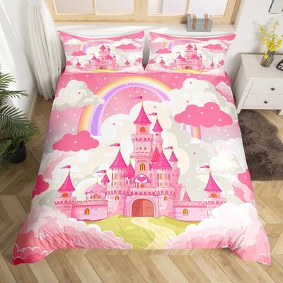 Funda Nórdica Castillo Arcoíris King Queen Niños Niñas Dibujos Animados Girly Juego de Ropa de Cama Funda de Colcha Castillo de Princesa Funda de Colcha para Dormitorio