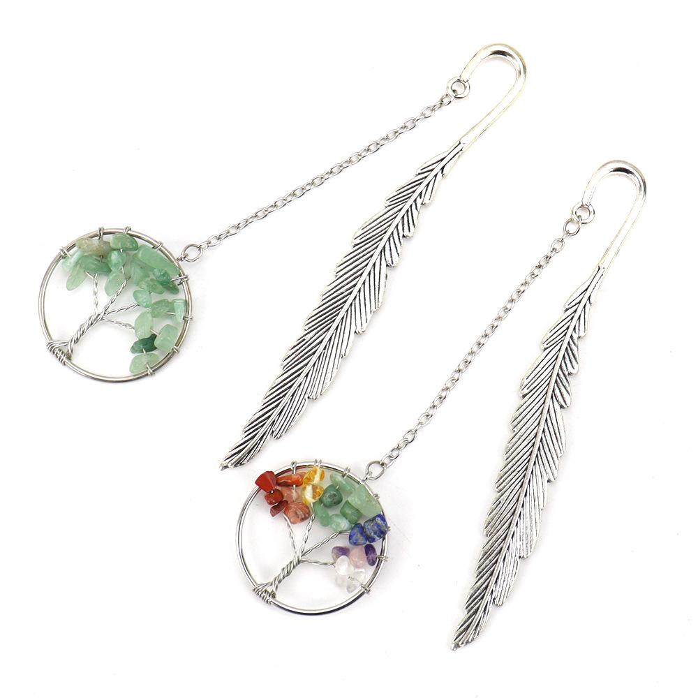 Vintage Tree of Life Bookmark - Handmade with Natural Crystal Chips & Antique Metal Feather