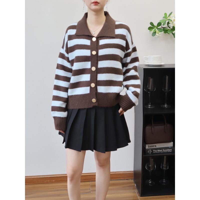 Retro contrasting color striped lapel knitted cardigan autumn and winter new design loose sweater jacket women