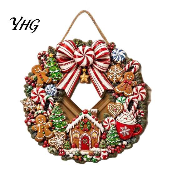 Rustic Holiday Wall Hanging Decor Gingerbread Man Wreath Wooden Sign for Front Door, Retro Christmas Plaque with Seasonal Festive Entryway Candy Cane