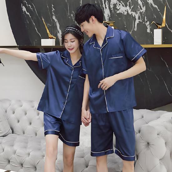 2 st/set Pyjamasset i imitationssilke Revers Kortärm Knappslå Skjorta Elastisk midja Shortsset Sommar Sval Sovkläder