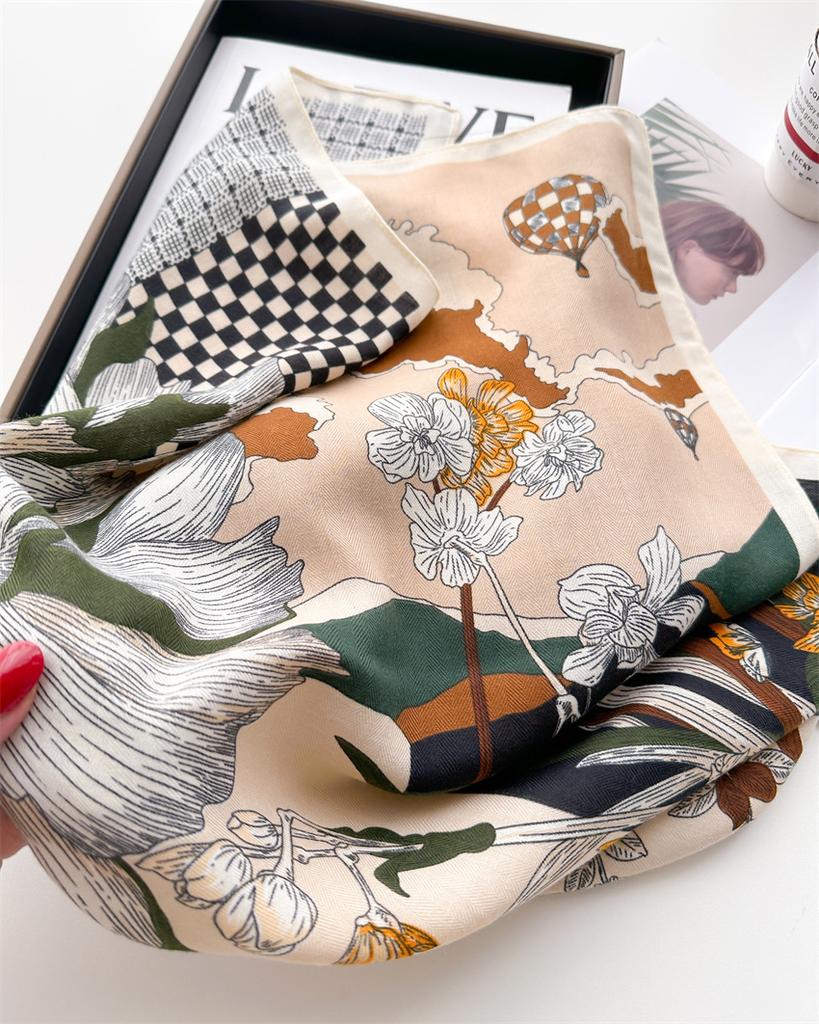 French Pastoral Garden Neck Scarf 65 × 65Cm Thin Plant Flower Cotton And Linen Scarf Velvet Scarf Women