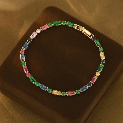 18K Gold Plated Rainbow Baguette CZ Tennis Bracelet – Luxury Colorful Jewelry, Sparkle Gift for Women