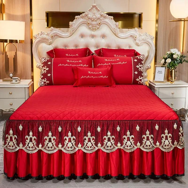 Fashion Lace Bed Skirt Home Decor Bedding Set Luxury Machine Washable Non Slip Embroidery Bedspreads for Queen/King Size Bed