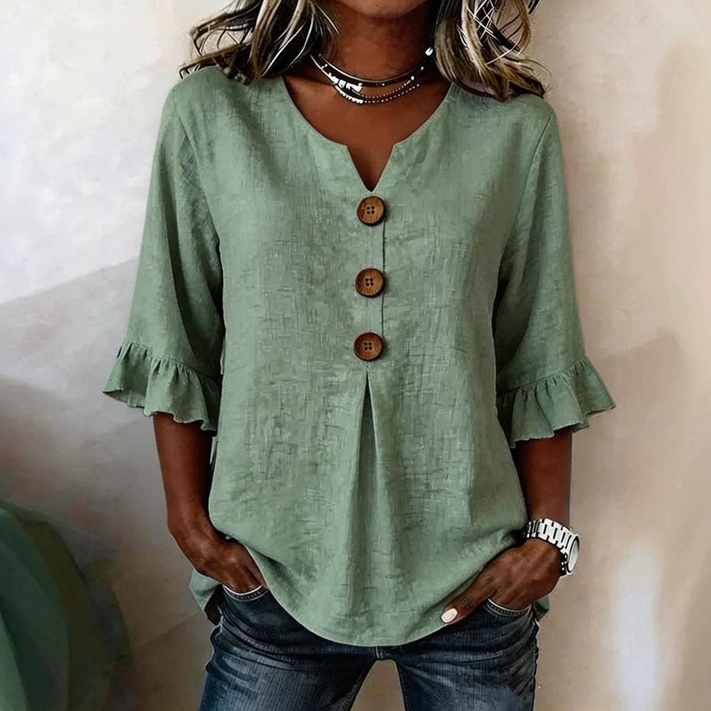 Women's V Neck Linen Button Top Summer Casual Blouse Breathable Lightweight Tshirts for Beach Office Vacation