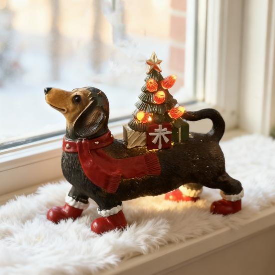 Teckel Kerstdecor Hars Hond Figuur met Sjaal Laarzen Verlichte Blaasvorm Kerstboom Vakantie Ornament