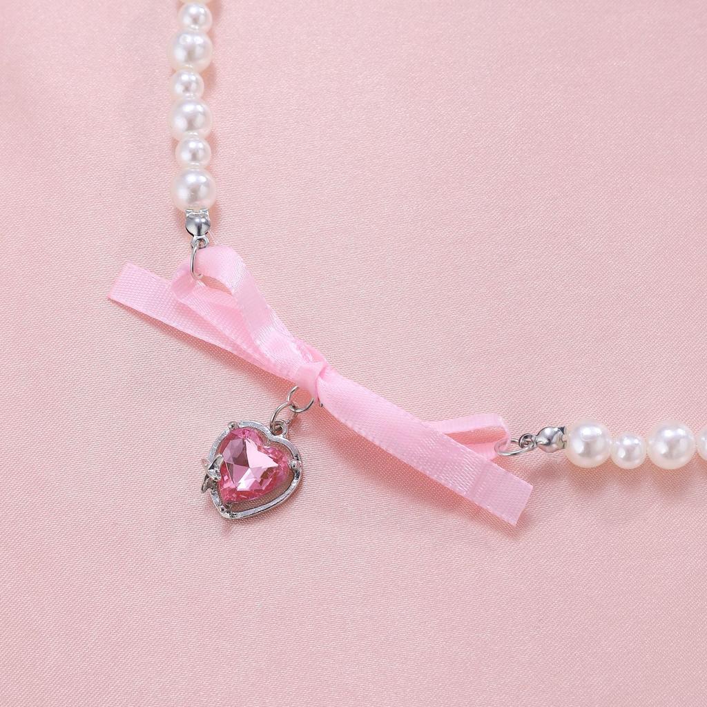French Romantic Pink Bowknot Heart Pendant Pearl Necklace Jewelry Trending New Women's Sweet Pure Desire Bow Necklaces
