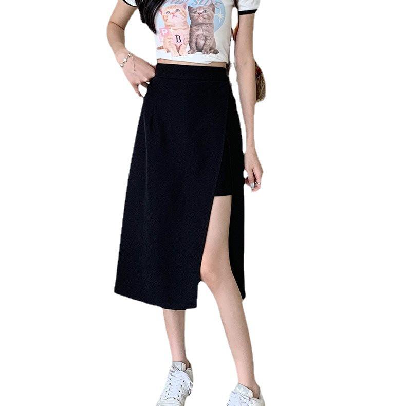 Women's Black High Waist A-Line Midi Skirt - Summer Slimming Polyester with Side Slit