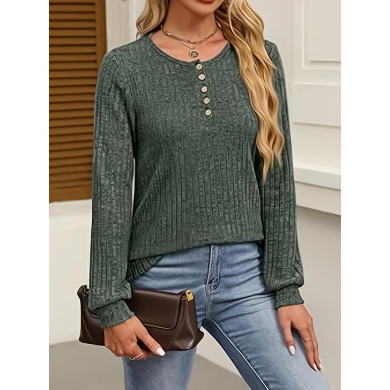 1pc Comfortable Ribbed V-Neck T-Shirt Set for Women - Soft Long Sleeve Tops, Casual Crew Neck Style with Button Detail, Polyester Knit Fabric