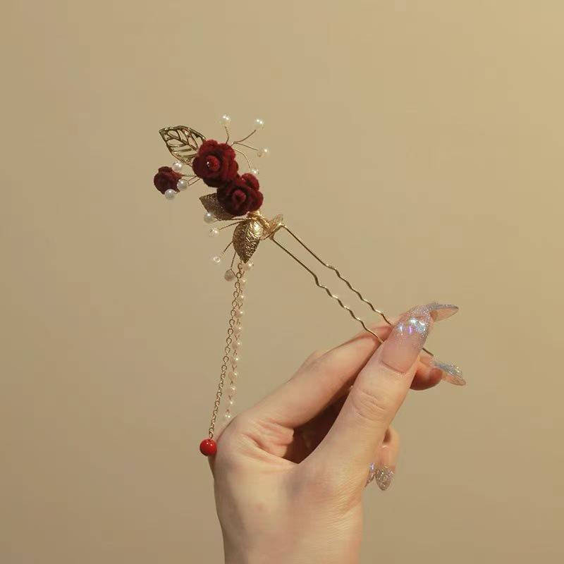 Red Camellia Tassel Hair Clips for Bridal Updo or Evening Gown