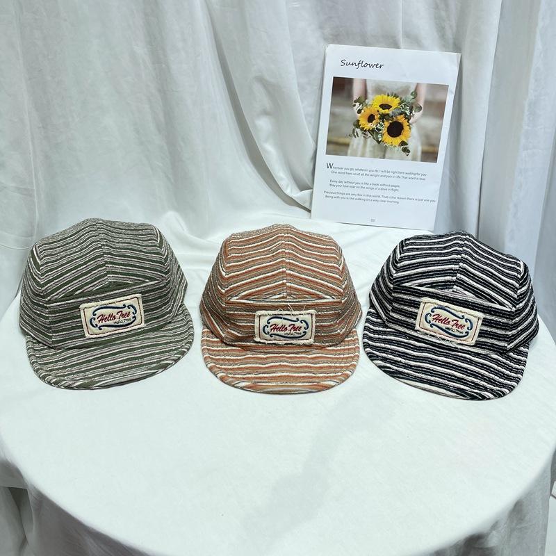 Zealous Sole Women's Green Niche Design Striped Flat Brim Cap Spring Summer Retro Literary Letter Sticker Baseball Cap Sun Hat Men 56-58Cm