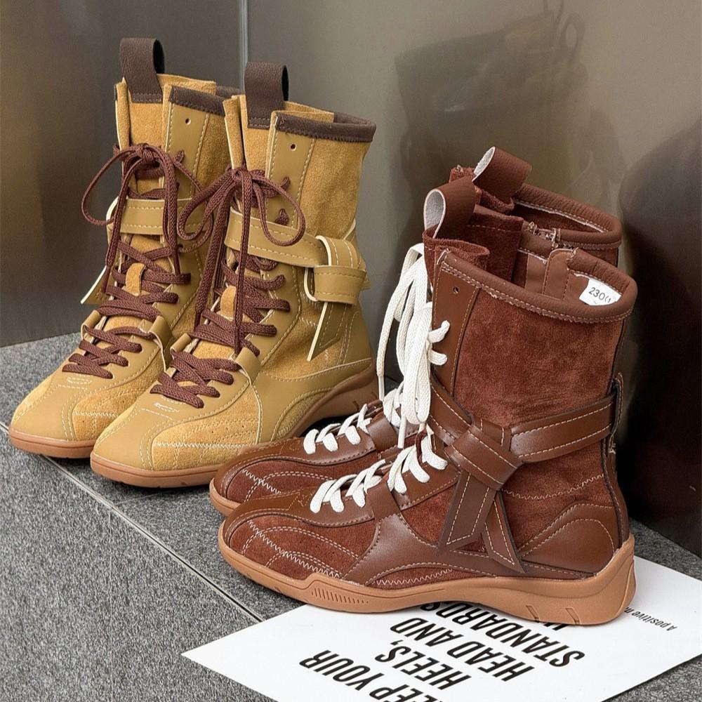 Retro leather boxing boots women's summer 2025 new British style Martin boots thick-soled German training boots medium boots