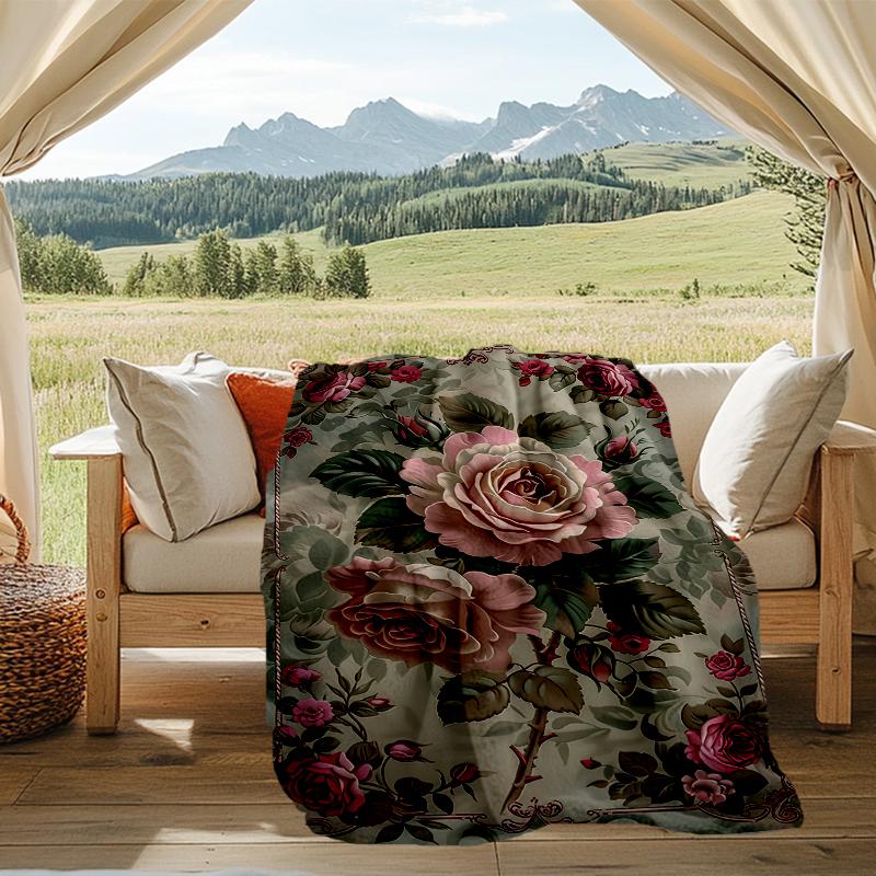 Roses Garden Print Flannel Blanket, Soft Warm Lightweight Throw Blanket for living Room,Sofa Bed Camping office