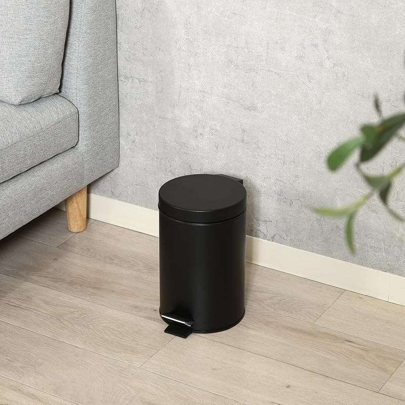 Fuji Boeki Quiet Closing Trash Can with Lid, Pedal-Operated, Soft Close, Silent, 3L Capacity, with Handle, Compact, Under-Desk Trash Can, Black, 37695