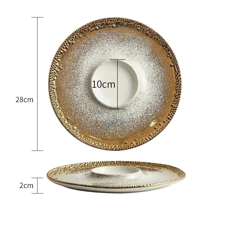 Gold Border High End Dining Plates Creative Light Luxury Ceramic Plate Retro Restaurant Steak Flat Tray Household Tableware