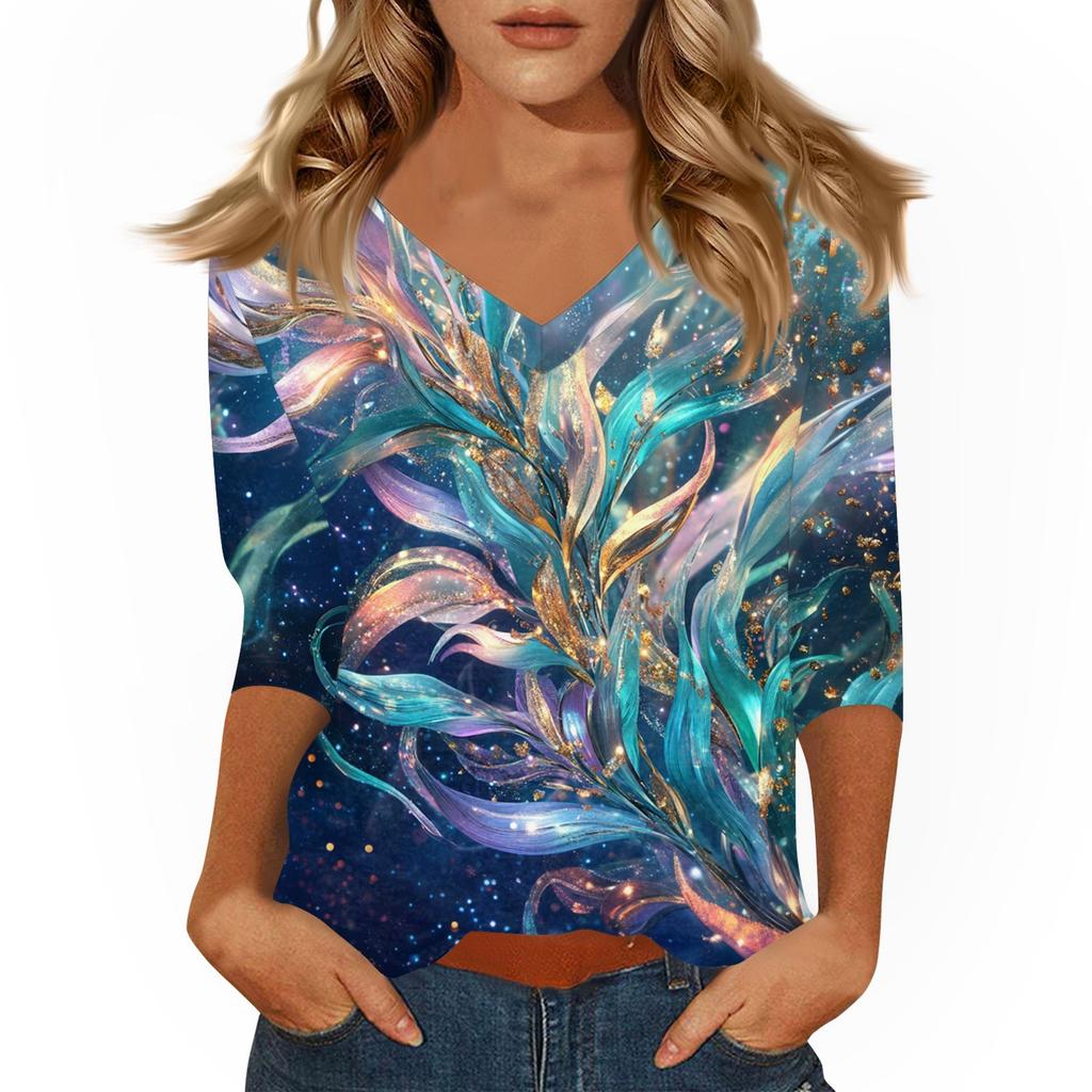 Women's Tops Three-quarter Sleeve Shirt V-neck Loose Casual Shirt Print T-shirt