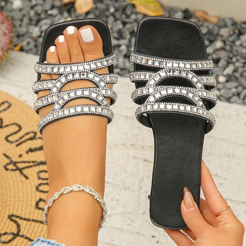 Fashion 2025 Ladies Shoes Basic Open Toe Women's Slippers Fashion Crystal Summer Plus Size Daily Square Toe Best Seller Flat Slippers