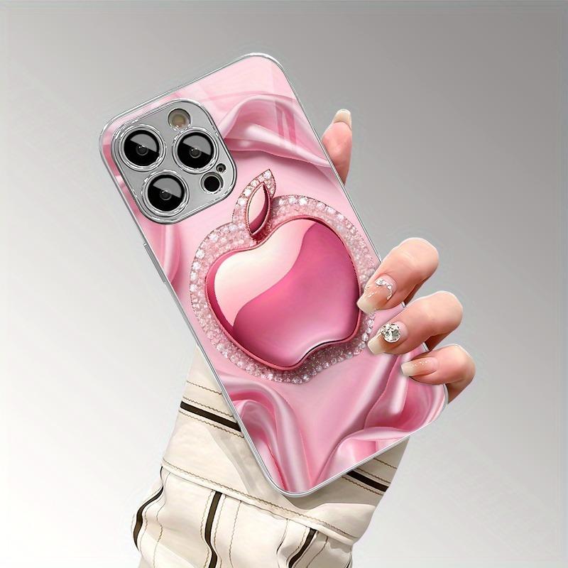 Pink Sparkling Diamond For Apple Print Glass Electroplated Case For iPhone 11 12 13 14 15 16 17 Pro Max Plus 16E 17 Air Cover