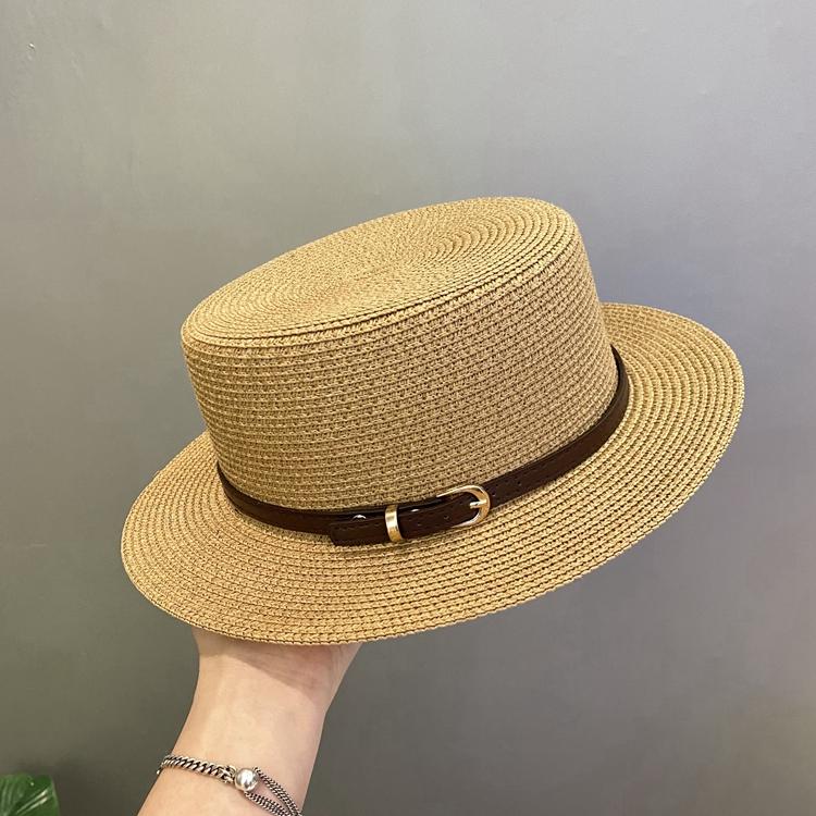 Spring and summer sunshade sunscreen straw hat women's fashion versatile belt buckle top hat British retro style small brim flat top hat