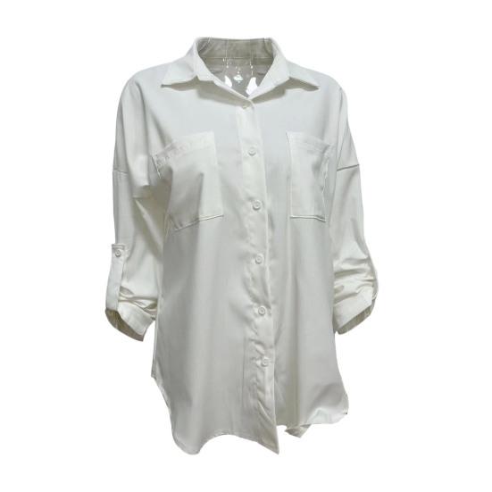 Women Denim Shirt Spring Autumn Lapel Long Sleeve Solid Patch Pockets Shirt Breasted Color Single Casual Shirt
