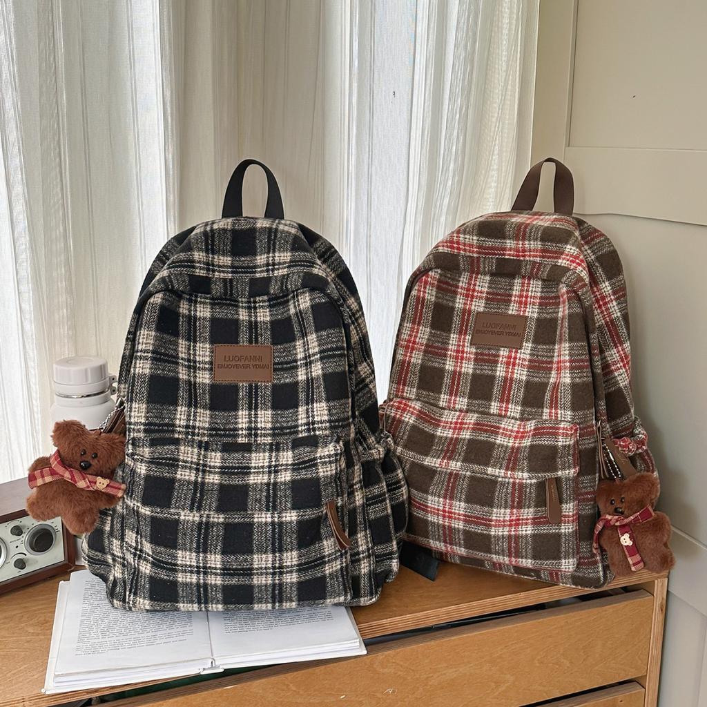 Zaino autunno e inverno scozzese retrò letterario artistico zaino per studenti universitari maschi e femmine zaino per la classe atmosfera coreana lana