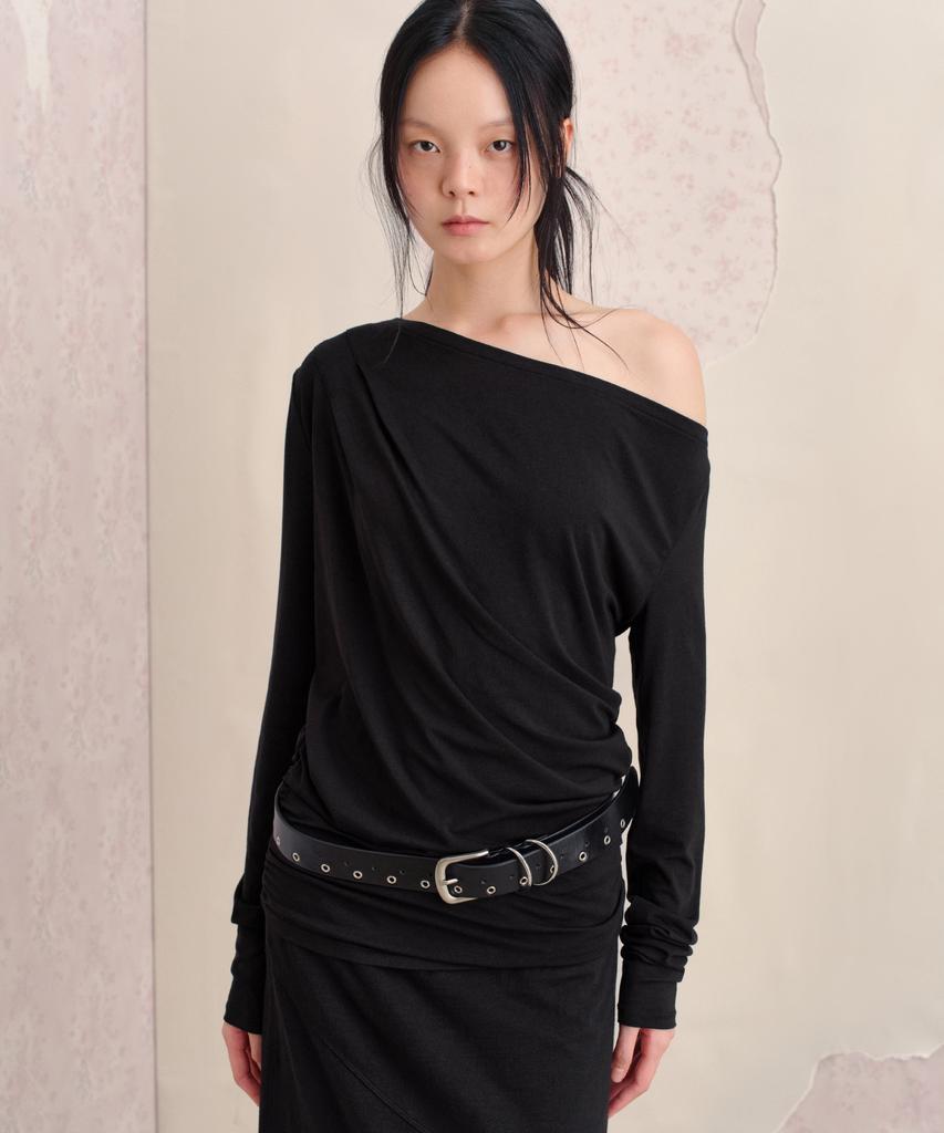 SUNBURNPROJECT Boat Neck Shirring Long Sleeve Top, Black