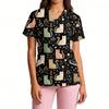 Top da Lavoro da Donna con Scollo a V e Maniche Corte con Tasche Stampa Cartoon Camice Medico Vestibilità Comoda Tessuto Resistente