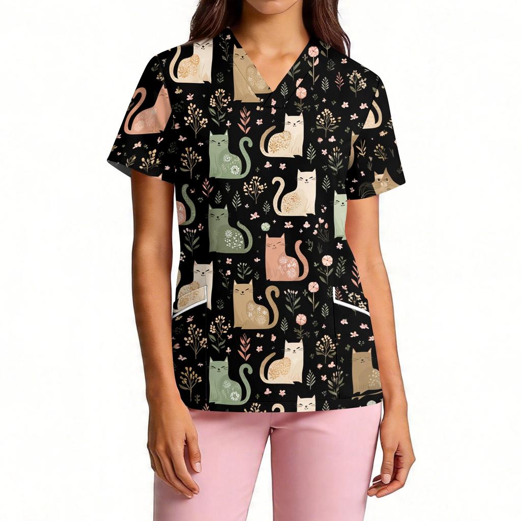 Top da Lavoro da Donna con Scollo a V e Maniche Corte con Tasche Stampa Cartoon Camice Medico Vestibilità Comoda Tessuto Resistente