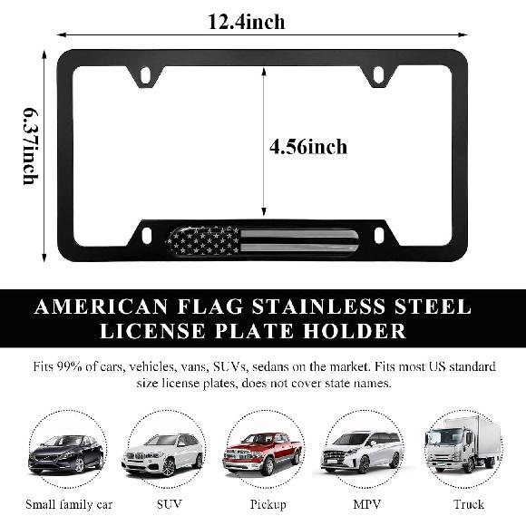 2 PCS Flag License Plate Frame, N Flag Patriotic Stainless Steel Auto Plate Cover, Vintage US Rust-Proof Vehicle License Plate Holder, Universal Car