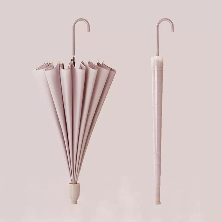 16-Rib Umbrella with Japanese-Style Fresh Design, Leather Handle, Curved Hook, Straight Pole, Large Double-Person Umbrella for Sun and Rain, Gift or