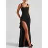 Wide Strap Square Neck Maxi Dress Ruched High Slit Elegant Bodycon Long Gown Multicolor Draped Side Split Sleeveless Evening Party Formal Prom Dress