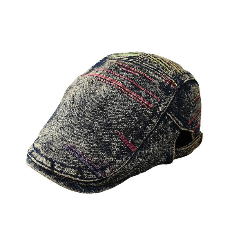New Spring And Autumn Line Embroidery Denim Forward Hat Hat Men'S And Women'S Fashion Short Brim Sunshade Newsboy Cap Gorras
