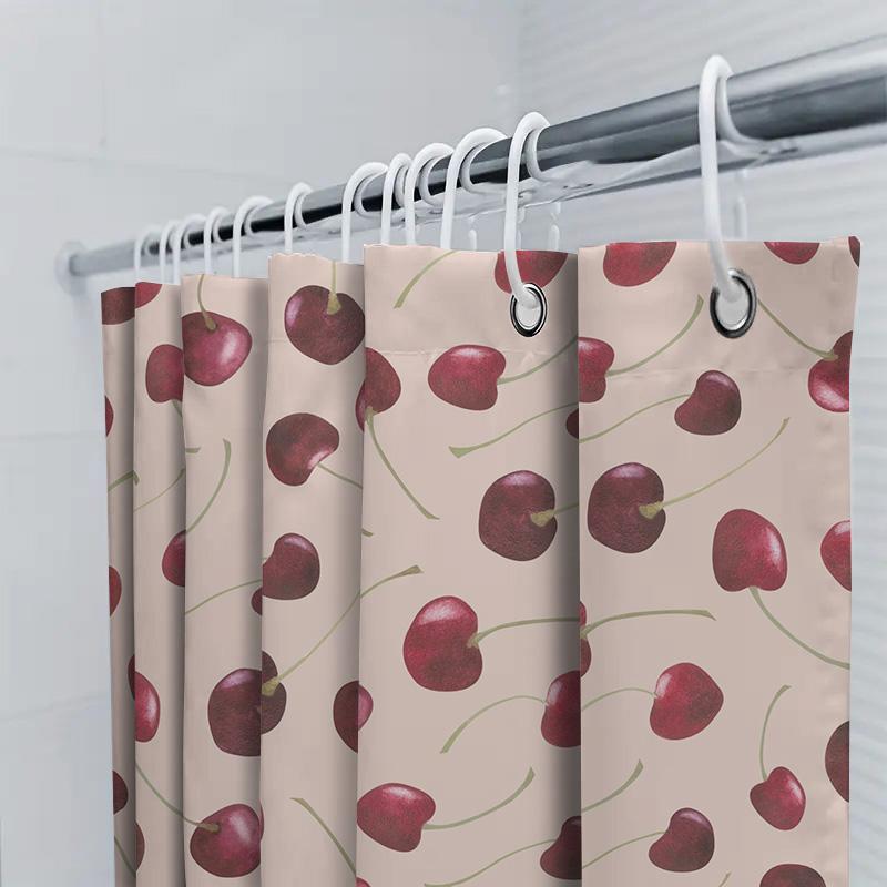 Cherry Print Shower Curtainrustic Red Floral Pattern Decor For Bathrooms Pink Background With Green Stems Waterproof Fabric Hang