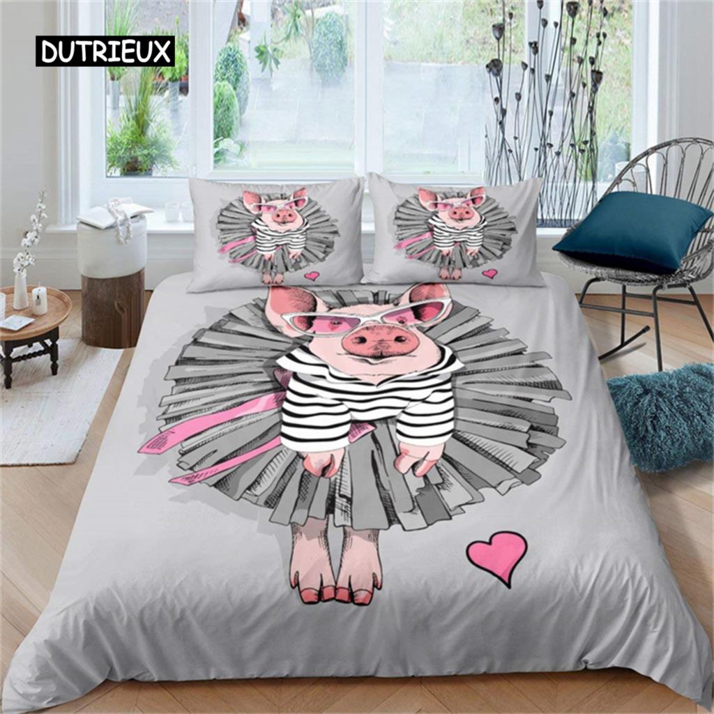 Cute Pig Duvet Cover Kawaii Pig Bedding Set Polyester Pigs Floral Comforter Cover Twin King For Teen Boy Girl Gift Room Decor
