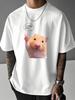Unisex Summer Cream Short Sleeve Tee Cute Hamster Peace Hand Cartoon Graphic Print Crew Neck Loose Daily Casual Male Fashion Tops