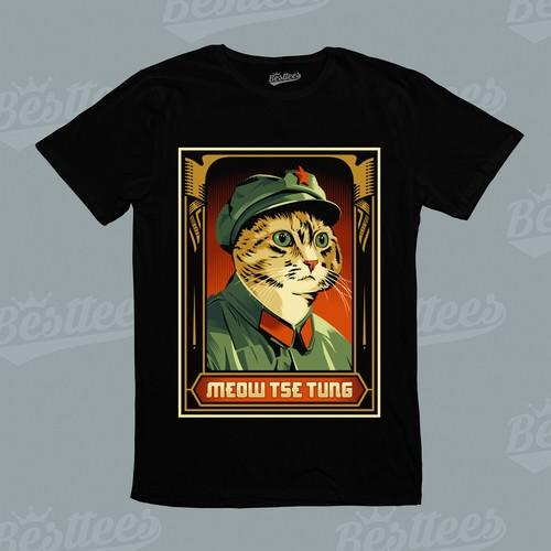 Cat Kitten Meow Tse Tung China President Mao Cute Cartoon Funny Graphic T-Shirt S